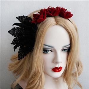 Elegant Black Lace Butterfly Red Rose Hair Hoop J12811