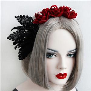 Elegant Black Lace Butterfly Red Rose Hair Hoop J12811