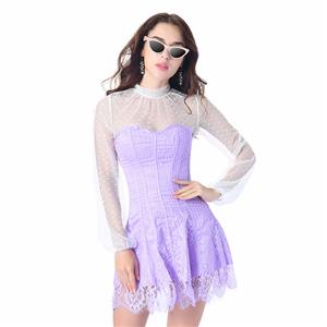 Elegant Light-purple Strapless Stripe Lace Corset Dress With Polka Dots Blouse Set N20263