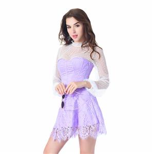 Elegant Light-purple Strapless Stripe Lace Corset Dress With Polka Dots Blouse Set N20263