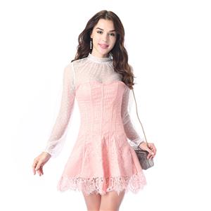 Elegant Flesh-pink Strapless Stripe Lace Corset Dress With Polka Dots Blouse Set N20264