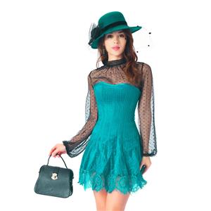 Elegant Dark-green Strapless Stripe Lace Corset Dress With Polka Dots Blouse Set N20266