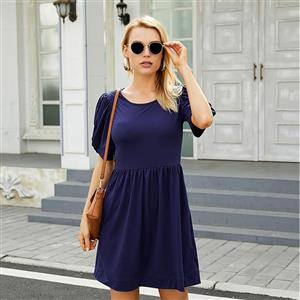 Elegant Country Style Dark-blue Puff Sleeve Round Neck Summer Day Mini Dress N20921