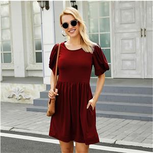 Elegant Country Style Wine-red Puff Sleeve Round Neck Summer Day Mini Dress N20933