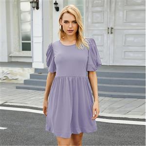 Elegant Country Style Light-purple Puff Sleeve Round Neck Summer Day Mini Dress N20934