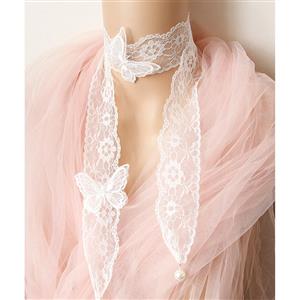 Elegant White Sheer Floral Lace Removable Butterfly Tying Necklace Accessory J19192