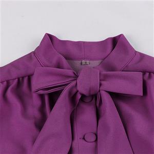 Elegant Purple Half-high Neck Front Button Short Sleeve High Waist Midi Hip Dress N23040