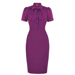 Elegant Purple Half-high Neck Front Button Short Sleeve High Waist Midi Hip Dress N23040