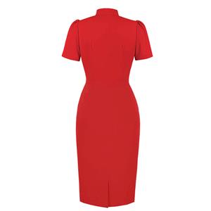 Elegant Red Half-high Neck Front Button Short Sleeve High Waist Midi Hip Dress N23041