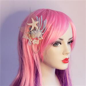 Elegant Princess Style Starfish Shell Coral Pearl With Chain Hairpin J20192