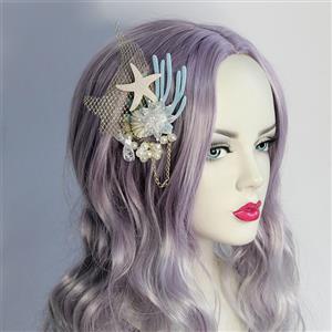 Elegant Princess Style Starfish Shell Coral Pearl With Chain Hairpin J20192