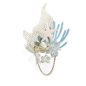 Elegant Princess Style Starfish Shell Coral Pearl With Chain Hairpin J20192