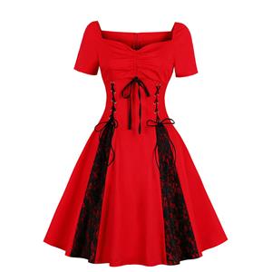 Elegant Red Short Sleeves Lace-up Sweetheart Neckline Black Lace High Waist Midi Dress N18340