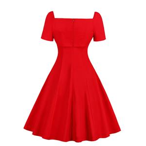 Elegant Red Short Sleeves Lace-up Sweetheart Neckline Black Lace High Waist Midi Dress N18340