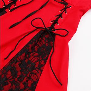 Elegant Red Short Sleeves Lace-up Sweetheart Neckline Black Lace High Waist Midi Dress N18340