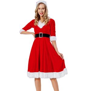 Xmas Costume, Sexy Red Christmas Costume, Women's Santa Velvet Dress Costume, Miss Santa's Costume, Elegant Red Santa Baby Velvet Holiday Midi Dress, #XT22537