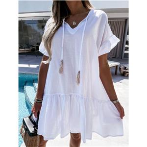 Elegant White Short Sleeve V Neck Ruched Ruffled Summer Day Mini Dress N21029