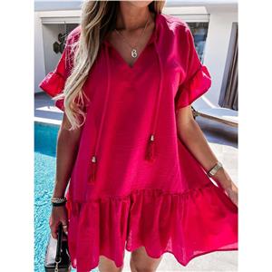 Elegant Red Short Sleeve V Neck Ruched Ruffled Summer Day Mini Dress N21030