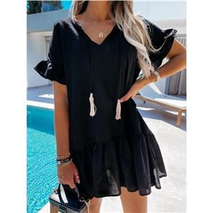Elegant Black Short Sleeve V Neck Ruched Ruffled Summer Day Mini Dress N21031