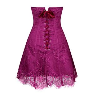 Gothic Elegant Sexy Rose-red Strapless Stripe Lace Plastic Bone Corset Mini Dress N20257