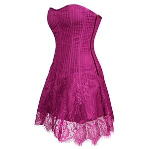 Gothic Elegant Sexy Rose-red Strapless Stripe Lace Plastic Bone Corset Mini Dress N20257