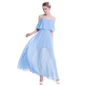 Elegant Light Blue Chiffon Ruffle Off-shoulder Sheer Mesh High Waist Ankle Length Dress N18760