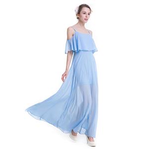 Elegant Light Blue Chiffon Ruffle Off-shoulder Sheer Mesh High Waist Ankle Length Dress N18760