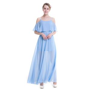 Elegant Light Blue Chiffon Ruffle Off-shoulder Sheer Mesh High Waist Ankle Length Dress N18760