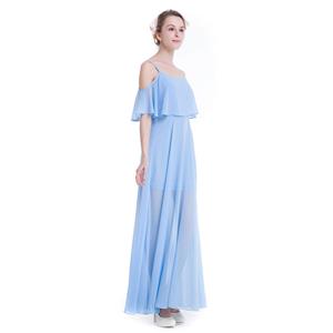 Elegant Light Blue Chiffon Ruffle Off-shoulder Sheer Mesh High Waist Ankle Length Dress N18760