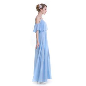 Elegant Light Blue Chiffon Ruffle Off-shoulder Sheer Mesh High Waist Ankle Length Dress N18760