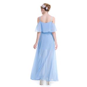 Elegant Light Blue Chiffon Ruffle Off-shoulder Sheer Mesh High Waist Ankle Length Dress N18760