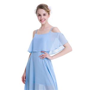 Elegant Light Blue Chiffon Ruffle Off-shoulder Sheer Mesh High Waist Ankle Length Dress N18760