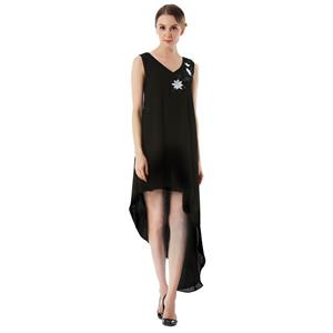 Deluxe Black Chiffon V Neck Embroidered Sleeveless Ball Gown High-low Dress N18764