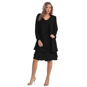 2pcs Elegant Black Chiffon Scoop Neck Tank Dress and Tulle Thin Coat Office Lady Suit N18743