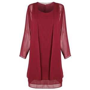 2pcs Elegant Wine Red Chiffon Scoop Neck Tank Dress and Tulle Thin Coat Office Lady Suit N18746