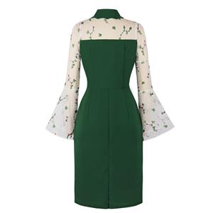 Elegant Green Mesh Embroidered Turndown Neck Flare Sleeve High Waist Midi Hip Dress N23157