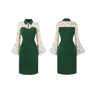 Elegant Green Mesh Embroidered Turndown Neck Flare Sleeve High Waist Midi Hip Dress N23157