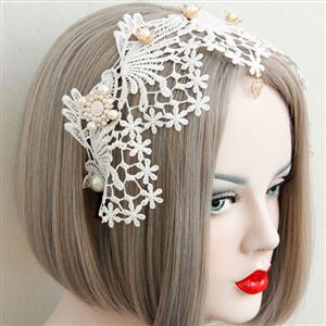 White Pearl Crown Crochet Lace Wedding Party Hair Clasp J12802