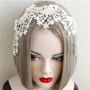 White Pearl Crown Crochet Lace Wedding Party Hair Clasp J12802