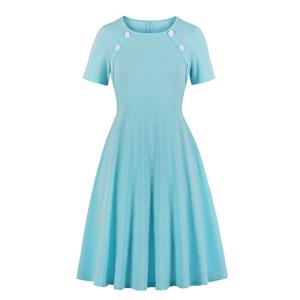 Elegant Women Azure Round Neck Half Sleeve Knee-length A-line Dress N19243