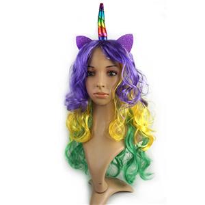 Fancy Unicorn Colorful Horn Wavy Long Hair Halloween Cosplay Party Wig MS19638