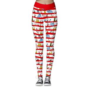 Fashion 3D Digital Print Red and White Stripe Chic Animals Christmas Slim Elastic Leggings L21562