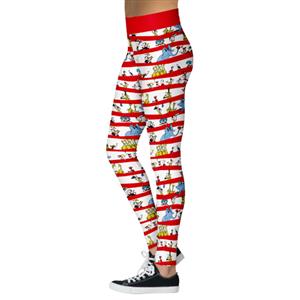 Fashion 3D Digital Print Red and White Stripe Chic Animals Christmas Slim Elastic Leggings L21562