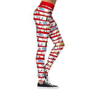 Fashion 3D Digital Print Red and White Stripe Chic Animals Christmas Slim Elastic Leggings L21562