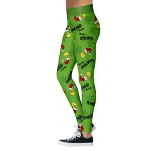 Fashion 3D Digital Print Green Monster Stealing Christmas Slim High Waist Elastic Leggings L21563