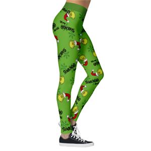 Fashion 3D Digital Print Green Monster Stealing Christmas Slim High Waist Elastic Leggings L21563