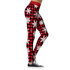 Fashion 3D Digital Print Classic Christmas Snowflake Red Plaid High Waist Elastic Leggings L21564