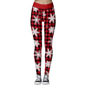 Fashion 3D Digital Print Classic Christmas Snowflake Red Plaid High Waist Elastic Leggings L21564