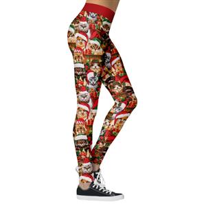 Fashion 3D Digital Print Lovely Cats with Christmas Hats High Waist Elastic Slim Leggings L21568