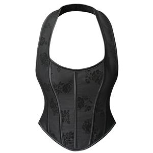 Sexy Black Underbust Corset, Sexy Black Hanging Neck Underbust Corset, Lace-up Corset, Gothic Corset, Retro Sexy Black Printed Hanging Neck 13 Plastic Boned Lace-up Underbust Corset,#N23310